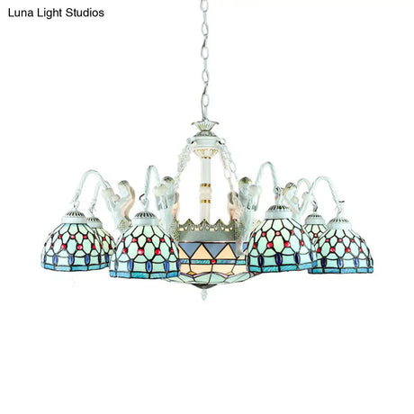 Tiffany Stained Glass Chandelier With Mediterranean Gem And Flower Design - 11-Light White Pendant