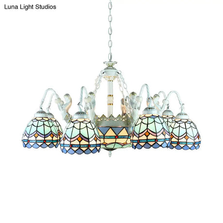 Tiffany Stained Glass Chandelier With Mediterranean Gem And Flower Design - 11-Light White Pendant