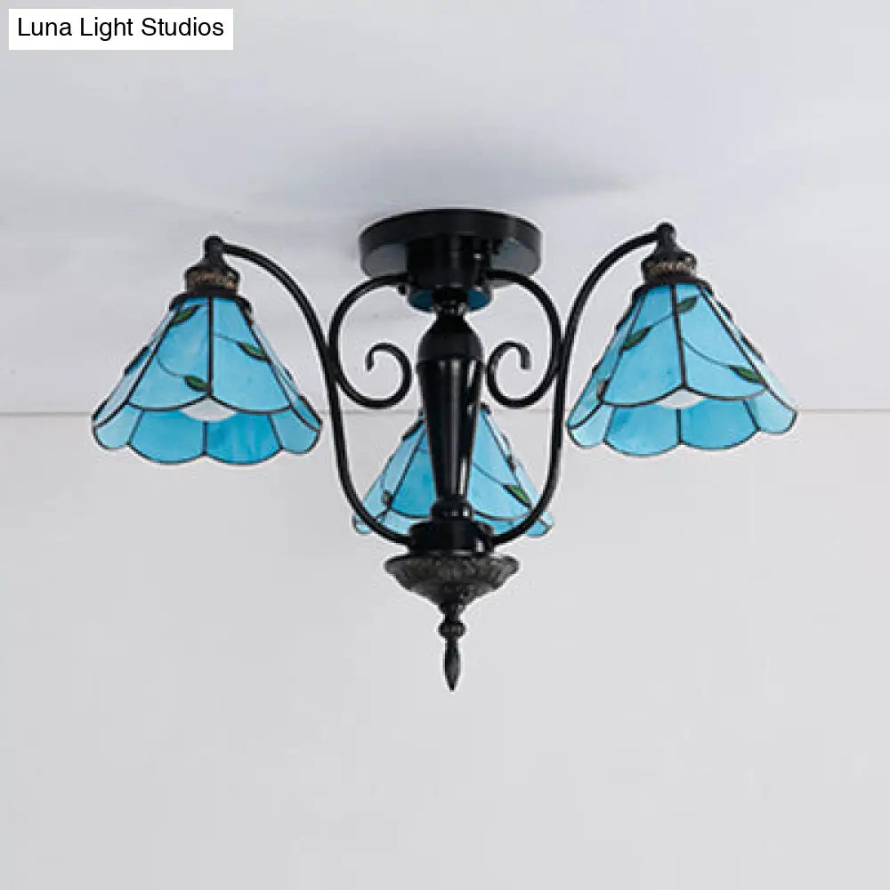 Tiffany Stained Glass Cone Semi Flush Light In Blue/Clear - Vintage Style 3 Heads