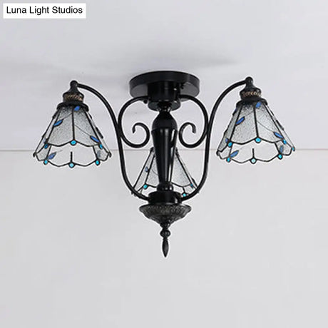 Tiffany Stained Glass Cone Semi Flush Light In Blue/Clear - Vintage Style 3 Heads