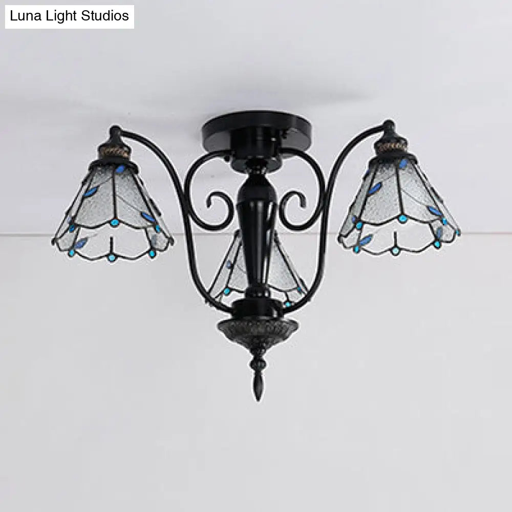 Tiffany Stained Glass Cone Semi Flush Light In Blue/Clear - Vintage Style 3 Heads