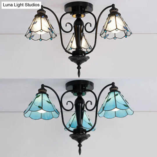 Tiffany Stained Glass Cone Semi Flush Light In Blue/Clear - Vintage Style 3 Heads