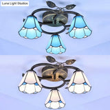 Tiffany Stained Glass Conic Shape Ceiling Light - 3 Lights Flush Mount Fixture In White/Blue For