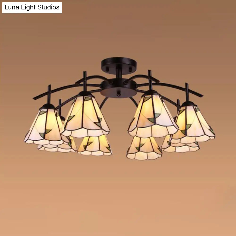 Tiffany Stained Glass Conical Semi Flush Mount Ceiling Light 8 / Green