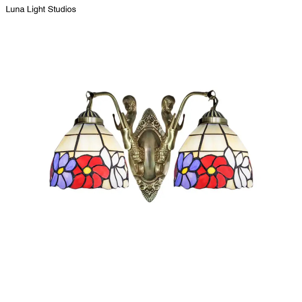 Tiffany Stained Glass Dome Wall Sconce: 2-Bulb Beige/Orange Floral Pattern Mermaid Arm For Bedroom