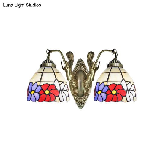 Tiffany Stained Glass Dome Wall Sconce: 2-Bulb Beige/Orange Floral Pattern Mermaid Arm For Bedroom
