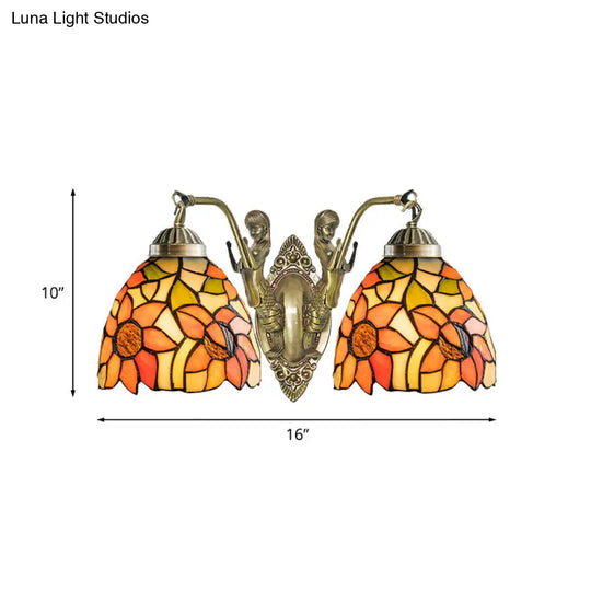 Tiffany Stained Glass Dome Wall Sconce: 2-Bulb Beige/Orange Floral Pattern Mermaid Arm For Bedroom