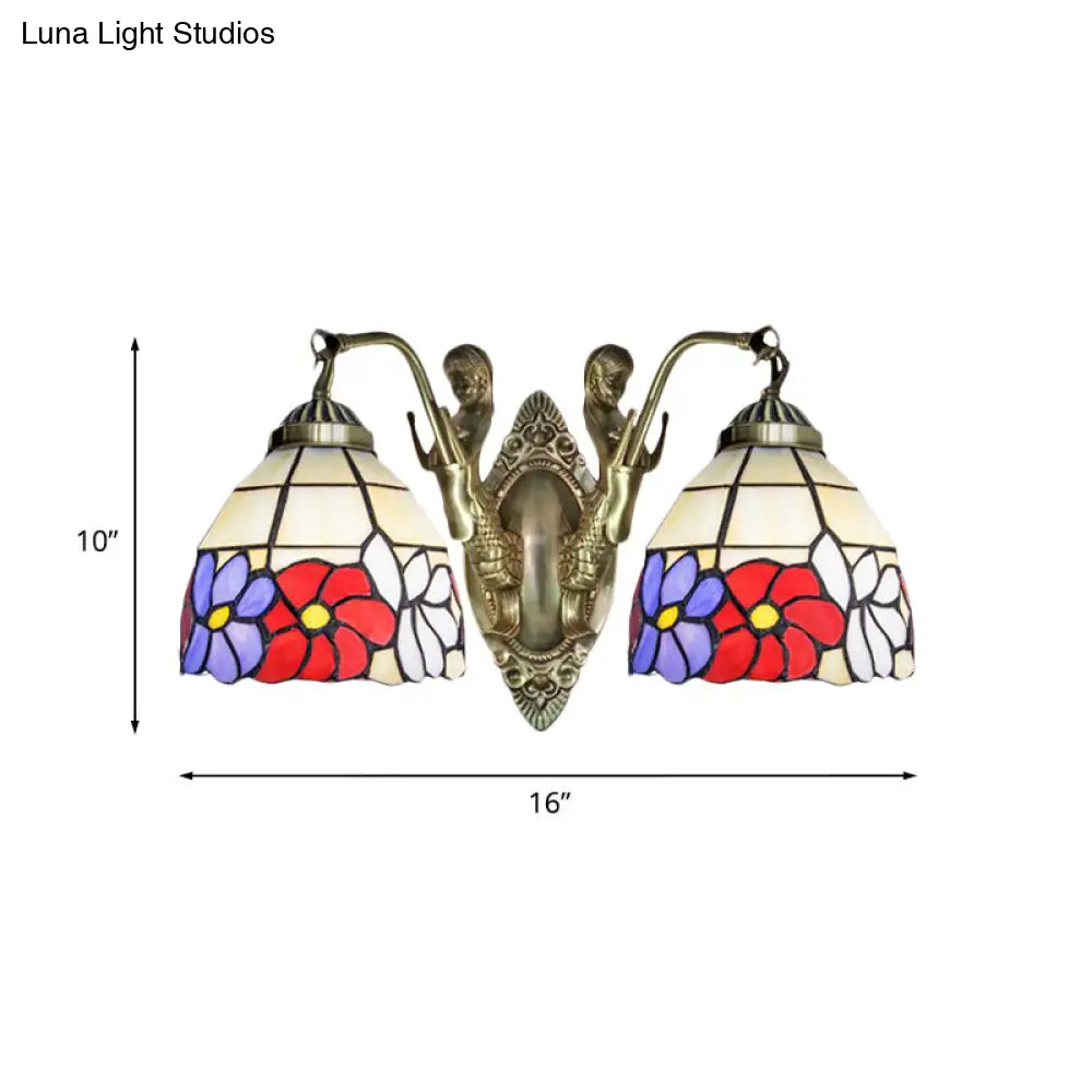Tiffany Stained Glass Dome Wall Sconce: 2-Bulb Beige/Orange Floral Pattern Mermaid Arm For Bedroom