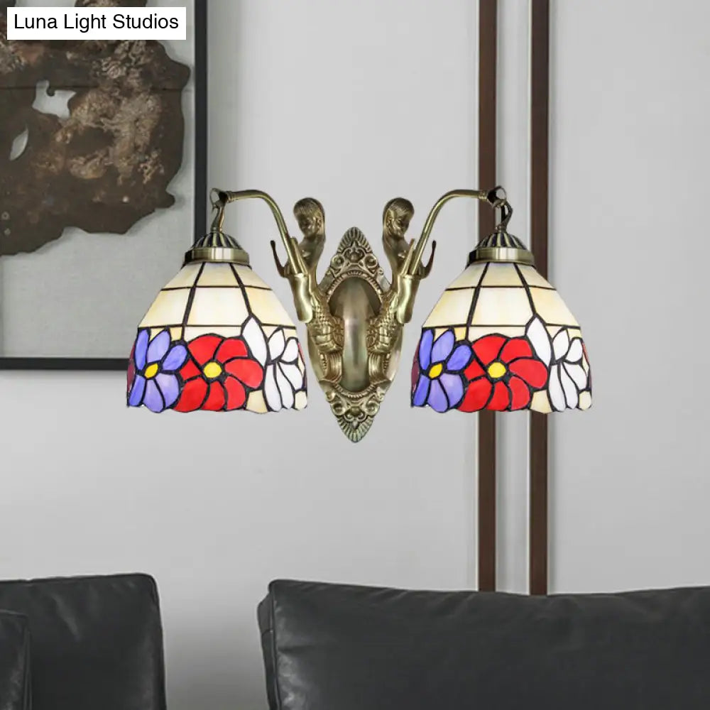 Tiffany Stained Glass Dome Wall Sconce: 2-Bulb Beige/Orange Floral Pattern Mermaid Arm For Bedroom