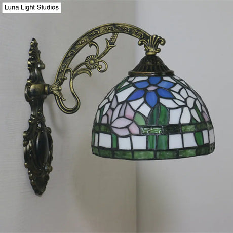 Tiffany Stained Glass Flower Bowl Sconce Light - Red/Pink Wall Mounted Fixture