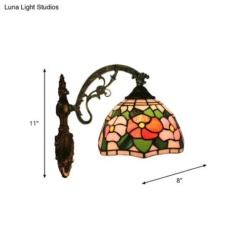 Tiffany Stained Glass Flower Bowl Sconce Light - Red/Pink Wall Mounted Fixture