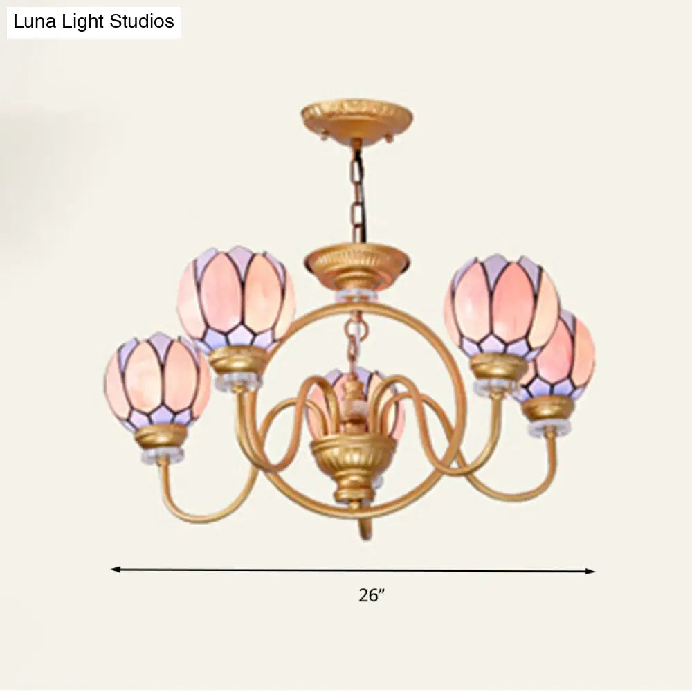 Gold Tiffany Stained Glass Flower Chandelier Pendant Light - 3/5/6 Lights Ceiling Lamp For Living