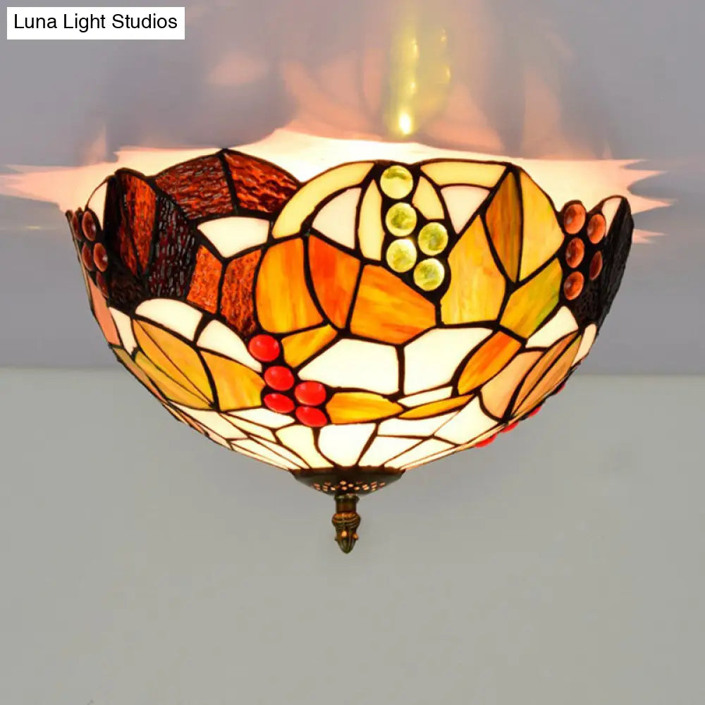 Tiffany Stained Glass Flush Mount Lighting - Handcrafted Bowl Design With 2/3 Bulb Options