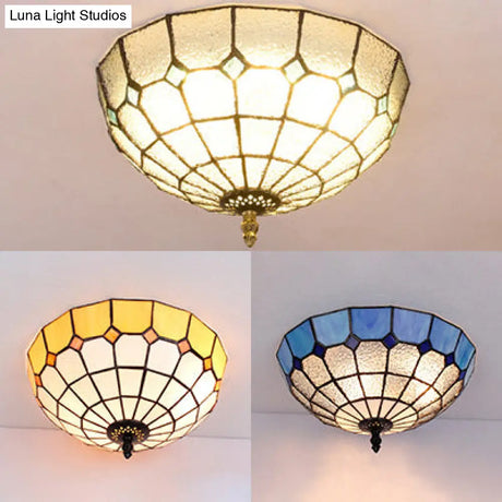 Tiffany Stained Glass Flushmount Light With 2 Beige Clear And Blue Lights For Your Bathroom