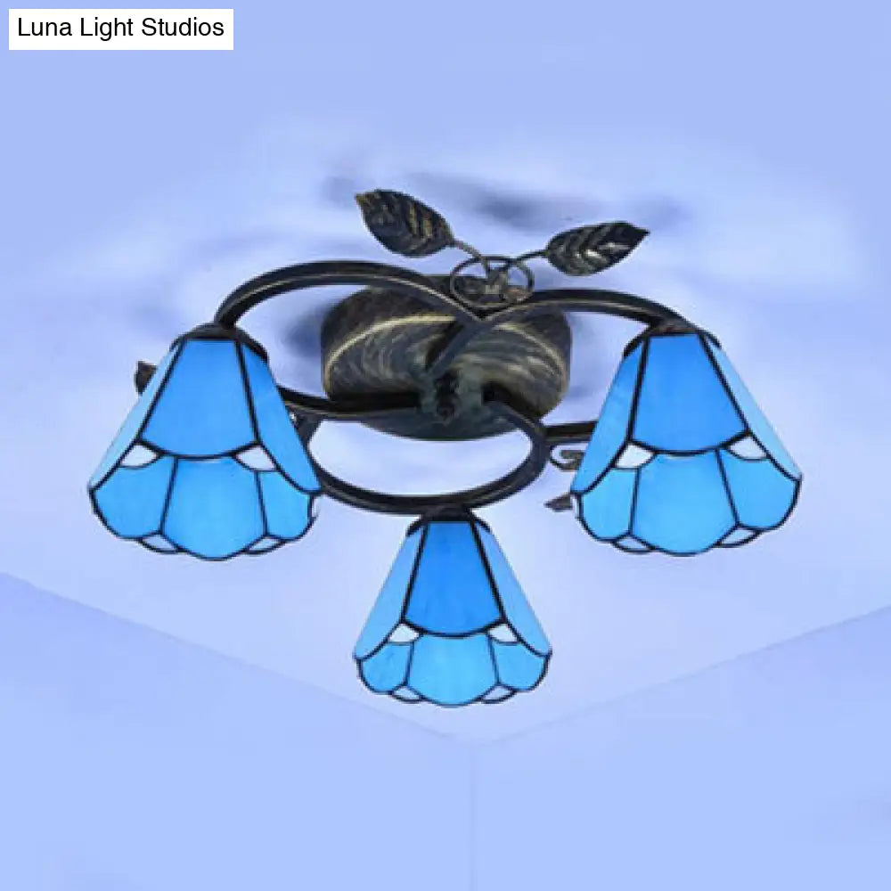Tiffany Stained Glass Geometric Ceiling Light - Bronze Flushmount With 3 Lights