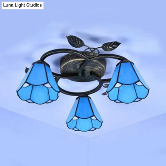 Tiffany Stained Glass Geometric Ceiling Light - Bronze Flushmount With 3 Lights
