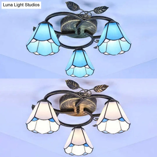 Tiffany Stained Glass Geometric Ceiling Light - Bronze Flushmount With 3 Lights