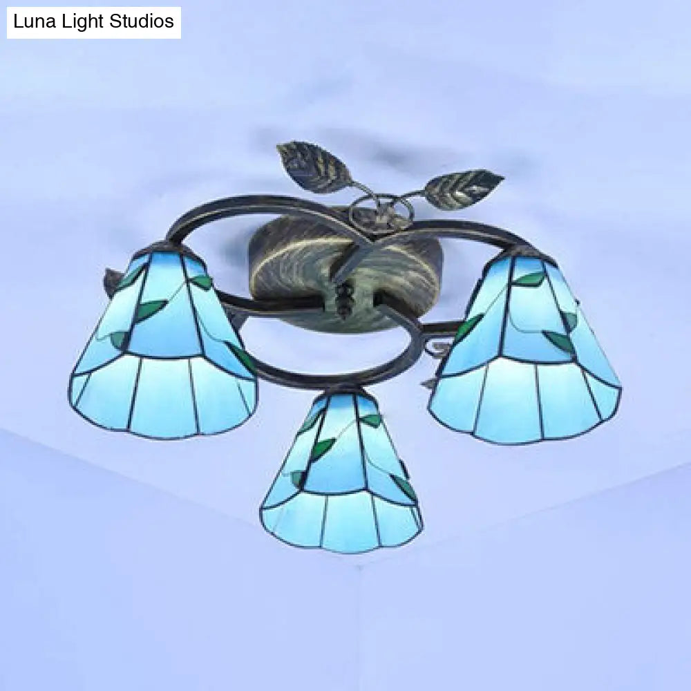 Tiffany Stained Glass Geometric Ceiling Light - Bronze Flushmount With 3 Lights / Blue Leaf
