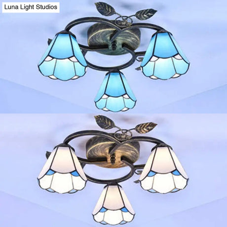 Tiffany Stained Glass Geometric Ceiling Light - Bronze Flushmount With 3 Lights