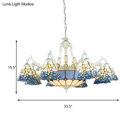 Tiffany Stained Glass Hanging Chandelier - 11 Light Pendant Ceiling With Flower/Square/Diamond/Gem