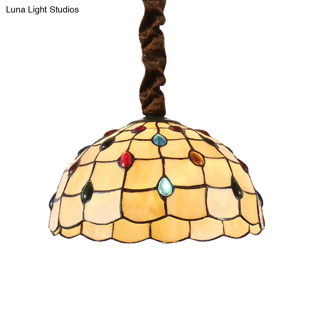 Tiffany Stained Glass Hanging Lamp - 12’ Or 16’ Wide Bowl 1 Bulb Beige Color Colorful Bead Accents