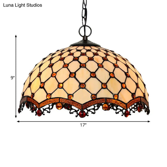 Scalloped Pendant Ceiling Light - Tiffany Stained Glass White Jewelry Lamp For Dining Room