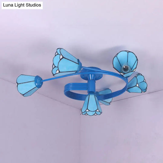 Tiffany Stained Glass Semi-Flush Light With White/Blue Motif - Ideal For Bedroom Ambiance