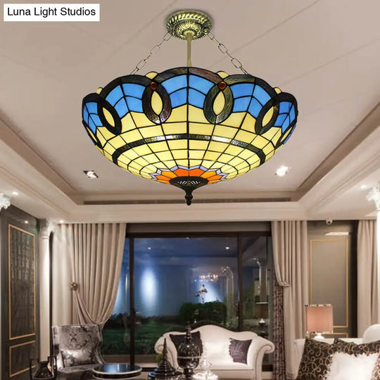 Tiffany Stained Glass Semi Flush Mount Ceiling Light In Antique Bronze - 3 Lights
