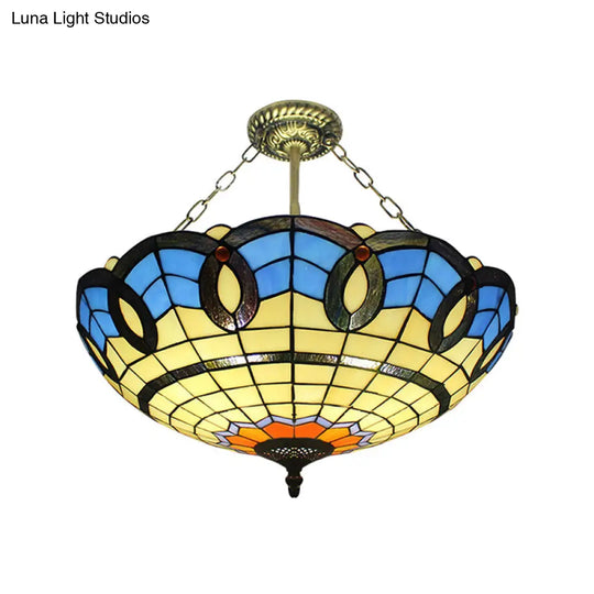 Tiffany Stained Glass Semi Flush Mount Ceiling Light In Antique Bronze - 3 Lights