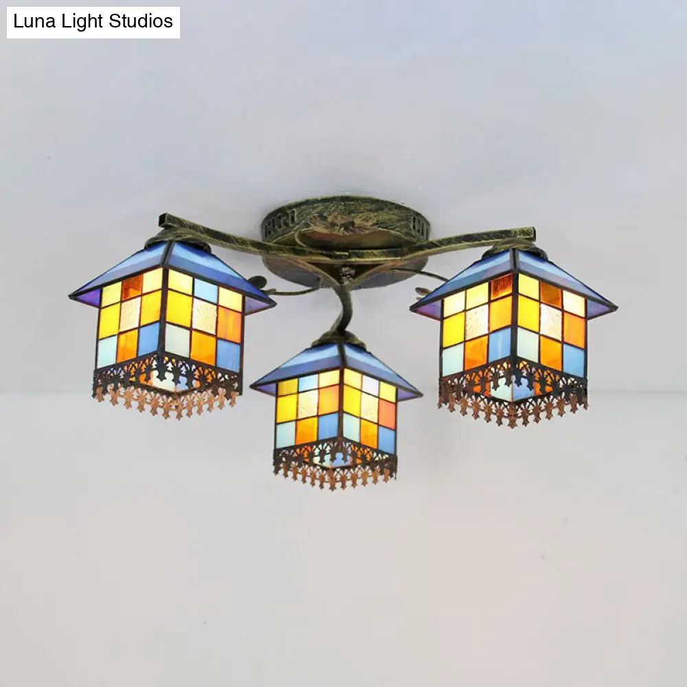 Tiffany Stained Glass Small House Ceiling Light - Blue/Clear 3-Lights Flush Mount For Bedroom Blue