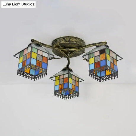 Tiffany Stained Glass Small House Ceiling Light - Blue/Clear 3-Lights Flush Mount For Bedroom