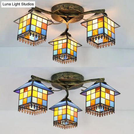Tiffany Stained Glass Small House Ceiling Light - Blue/Clear 3-Lights Flush Mount For Bedroom