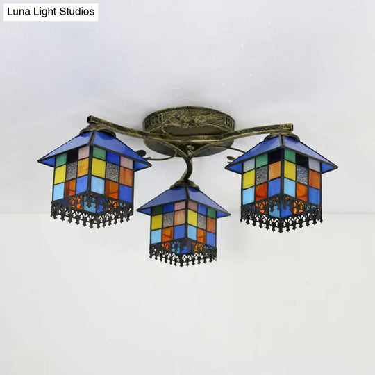 Tiffany Stained Glass Small House Ceiling Light - Blue/Clear 3-Lights Flush Mount For Bedroom