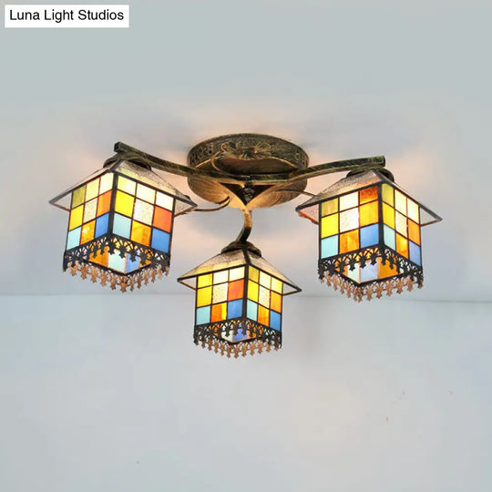 Tiffany Stained Glass Small House Ceiling Light - Blue/Clear 3-Lights Flush Mount For Bedroom Clear