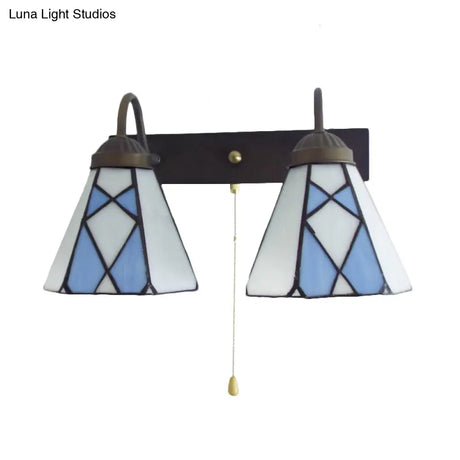 Tiffany Stained Glass Wall Sconce With Pull Chain - Blue/Orange Conical Fixture (2 Heads)