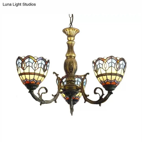 Tiffany Style 3-Light Chandelier With Art Glass Bell Shades In Aged Brass For Living Rooms