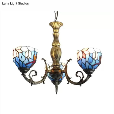 Tiffany Style 3-Light Chandelier With Art Glass Bell Shades In Aged Brass For Living Rooms