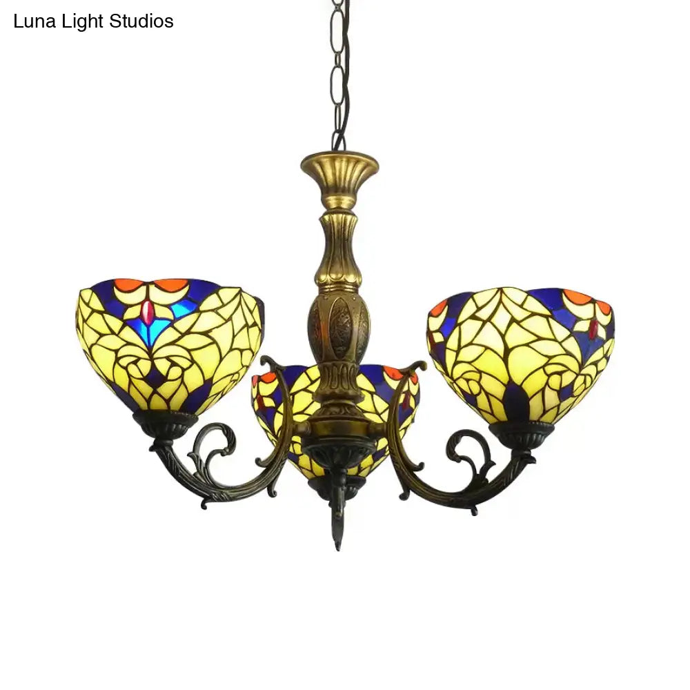Tiffany Style 3-Light Chandelier With Art Glass Bell Shades In Aged Brass For Living Rooms