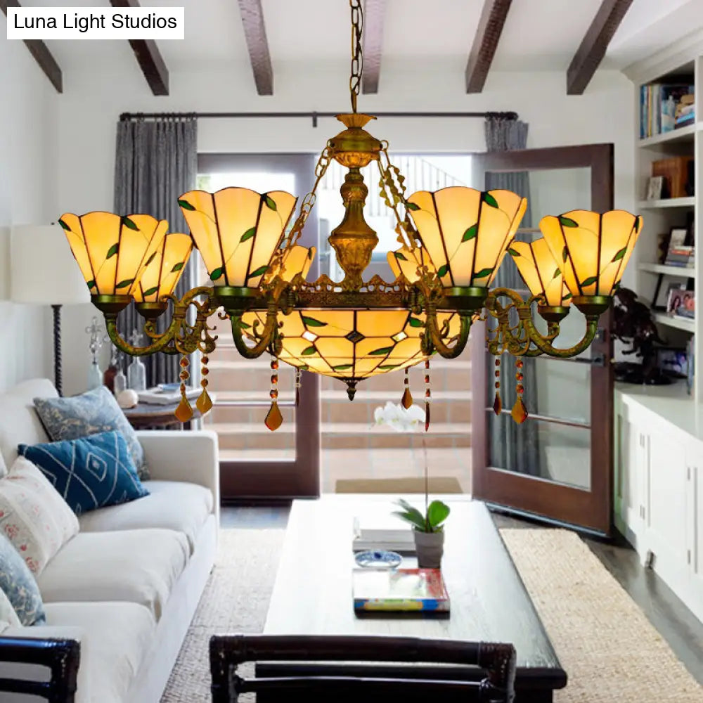 Tiffany Style Agate Leaf Chandelier In Antique Art Glass - 7/9/13 Lights Beige Ideal For Hotels