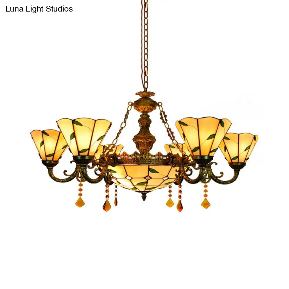 Tiffany Style Agate Leaf Chandelier In Antique Art Glass - 7/9/13 Lights Beige Ideal For Hotels