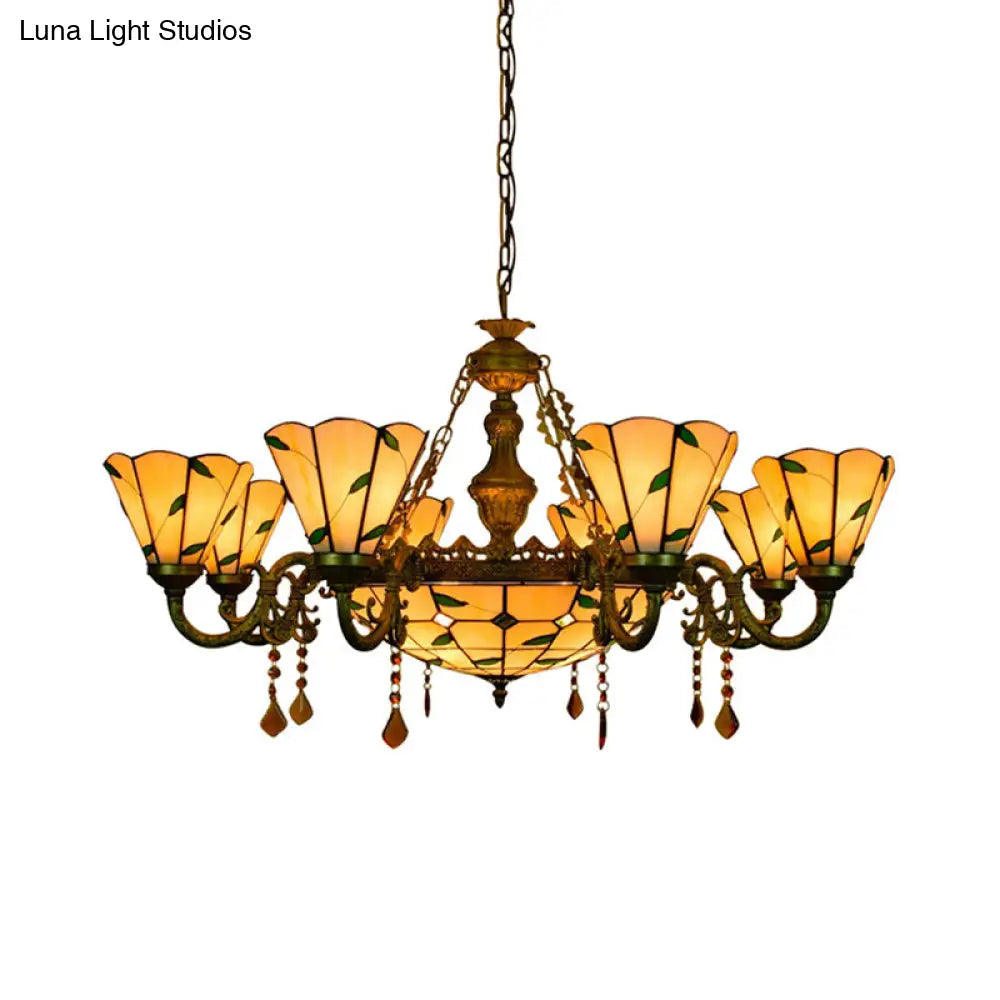 Tiffany Style Agate Leaf Chandelier In Antique Art Glass - 7/9/13 Lights Beige Ideal For Hotels