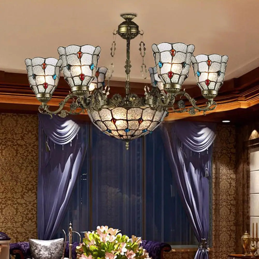 Tiffany Style Arm Chandelier With Frosted Glass Shades - 9/12 Lights Bronze Pendant Lamp For Living