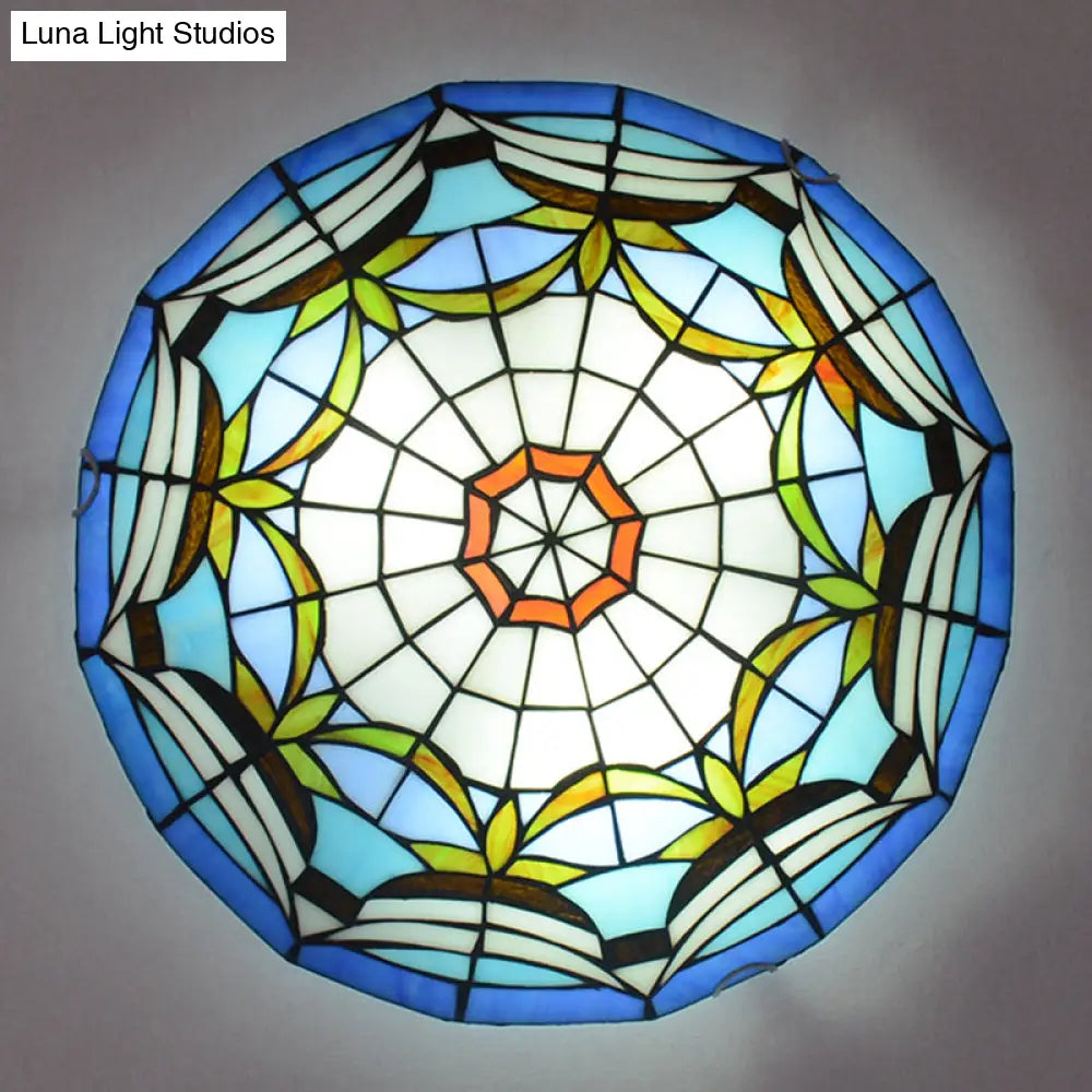 Tiffany Style Art Glass Dome Flush Ceiling Light For Bedroom