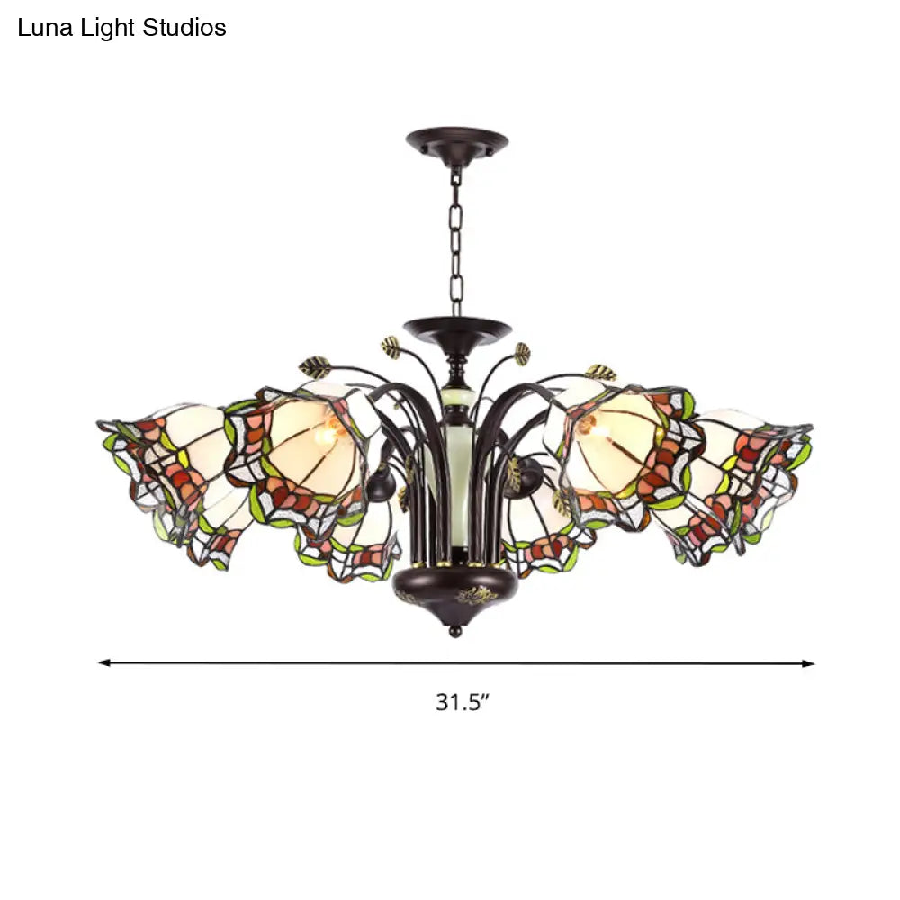 Tiffany Style Art Glass Pendant Chandelier With Floral Design & Bronze Finish For Bedroom - 3/6/8