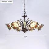 Tiffany Style Art Glass Pendant Chandelier With Floral Design & Bronze Finish For Bedroom - 3/6/8