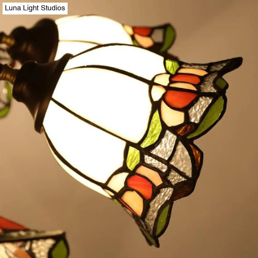 Tiffany Style Art Glass Pendant Chandelier With Floral Design & Bronze Finish For Bedroom - 3/6/8
