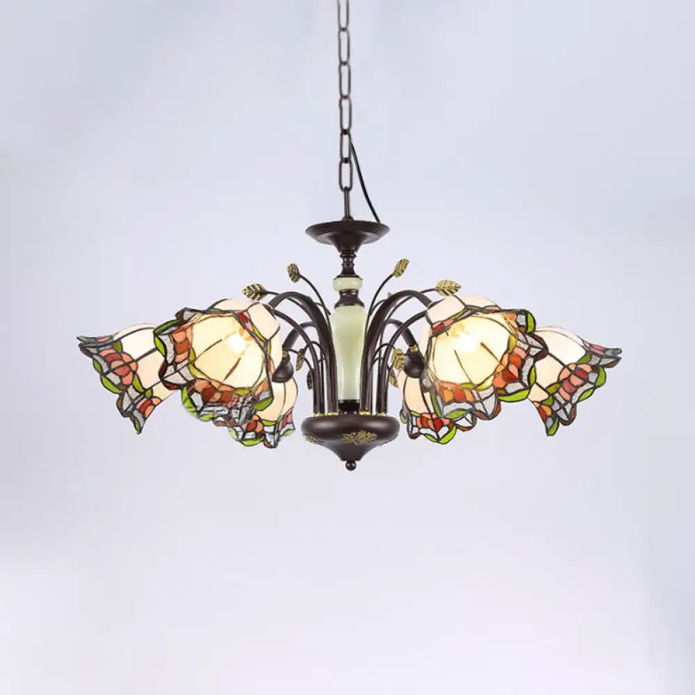 Tiffany Style Art Glass Pendant Chandelier With Floral Design & Bronze Finish For Bedroom - 3/6/8