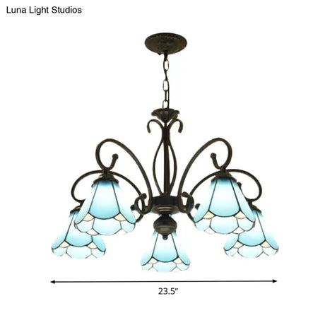 Tiffany Style Blue Glass Chandelier With Black Frame And Multiple Lights