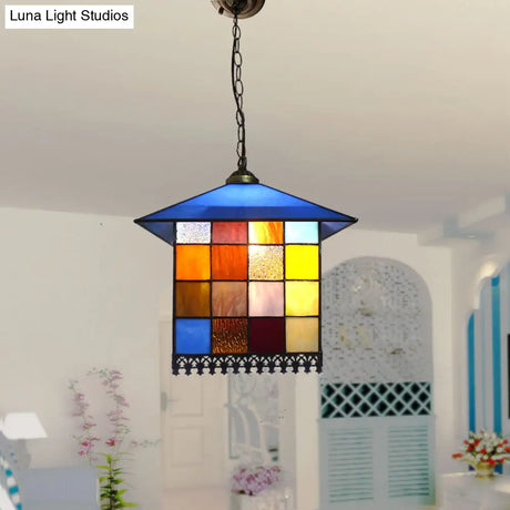 Tiffany Style Blue Pendant Light With House Stainless Glass Shade - Ideal For Hallway Décor