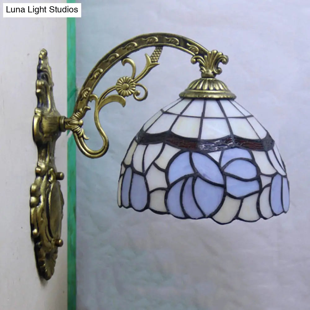 Tiffany Style Blue Stained Glass Wall Sconce With Arched Arm And Bowl Light